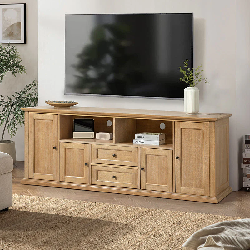 Traditional TV Stand with 4 Cabinets, 2 Drawers, Built-in Outlets & LED Lighting | Seadrift / Walnut | Single