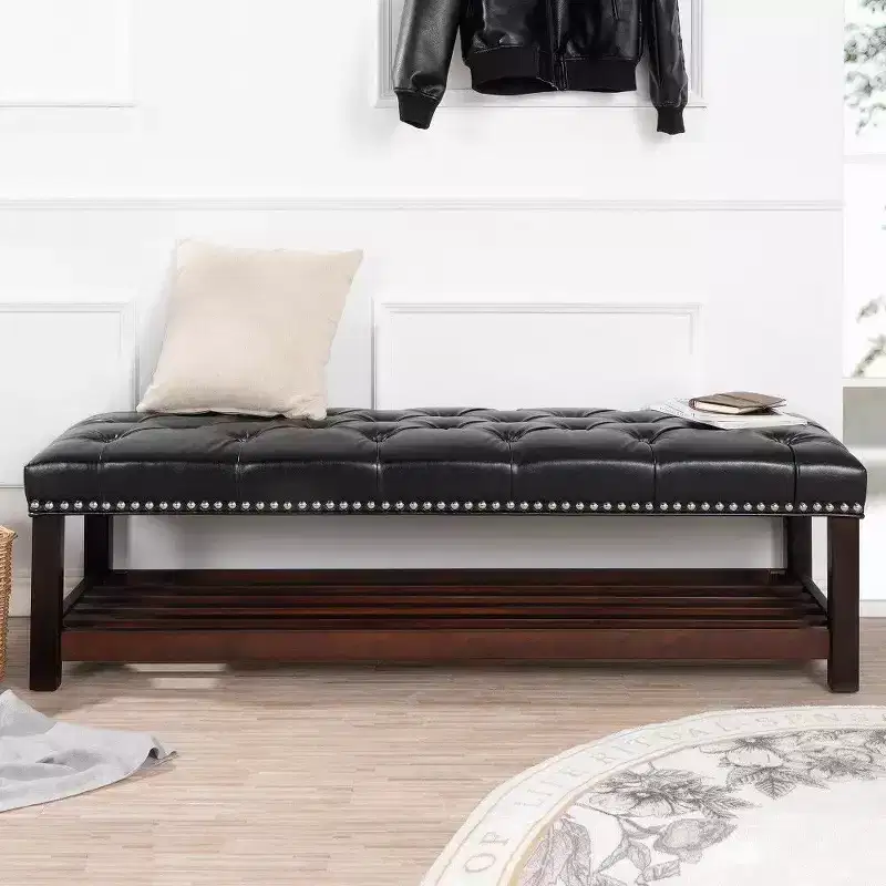 TUYOHW 60 Upholstered Bench with Shelf,PU Leather End of Bed Bench with Nailhead Trim,Tufted Storage Bench for Bedroom Entryway