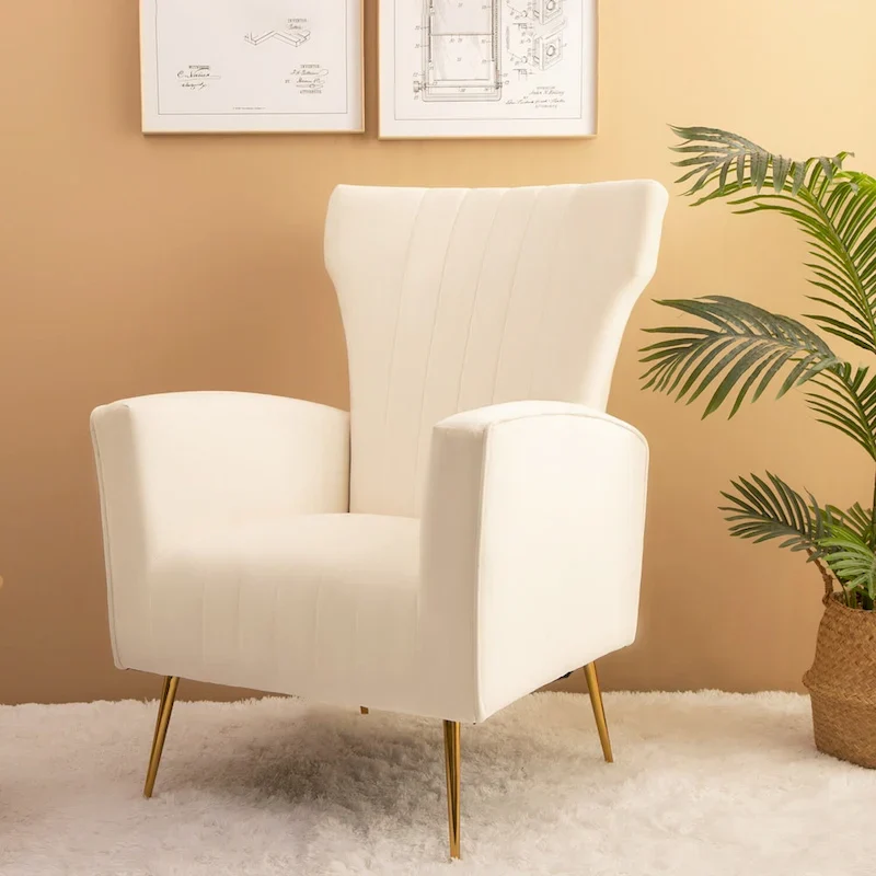 White Velvet Wingback Accent Chair with Gold Legs, Single Seat