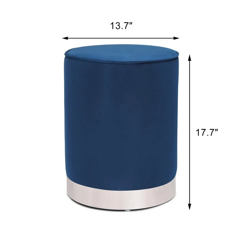Adeco Vanity Upholstered Round Velvet Ottoman Footstool Silver Trim