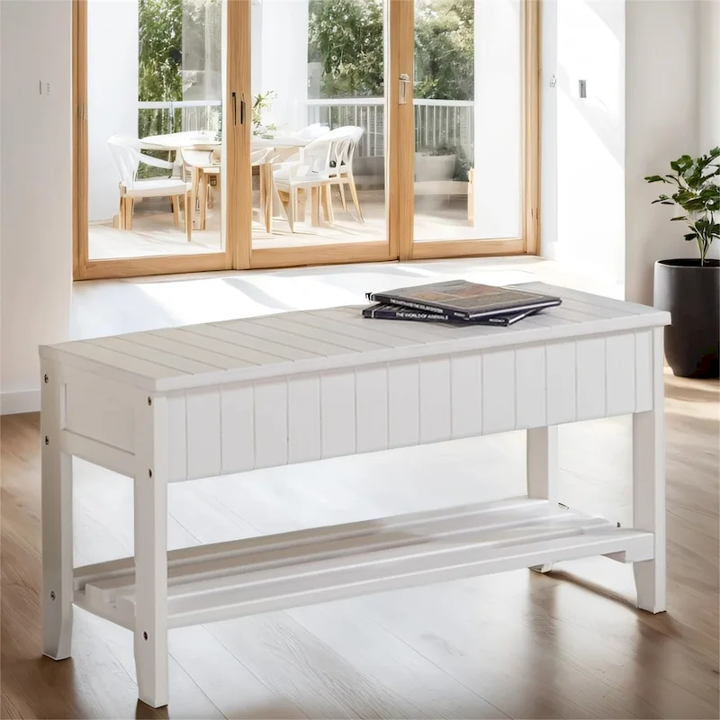Natural Wood Shoe Bench with Storage - Slat Design
