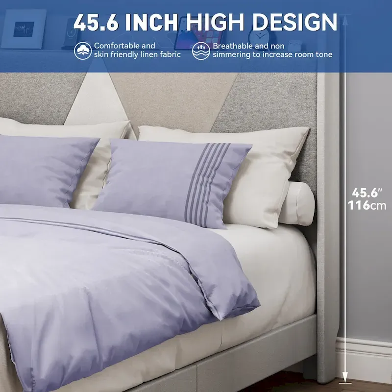 Moasis Queen Linen Bed Frame with Splice Geometry Headboard