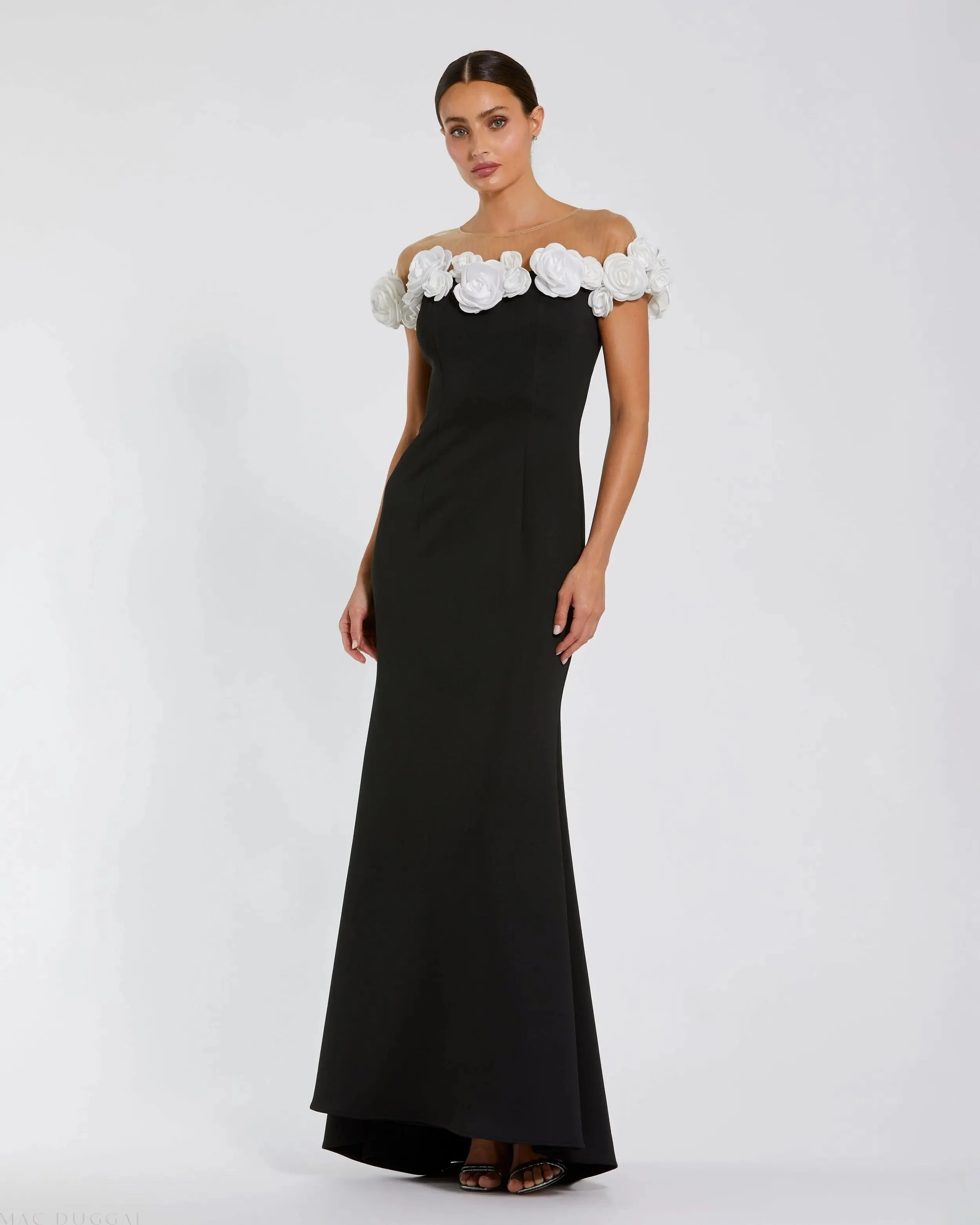Black and White Stretch Crepe Mermaid Gown With 3D Flowers