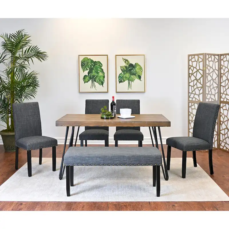 Roundhill Furniture Amisos 6-Piece Dining Set, Hairpin Dining Table with 4 Chairs and Upholstery Bench