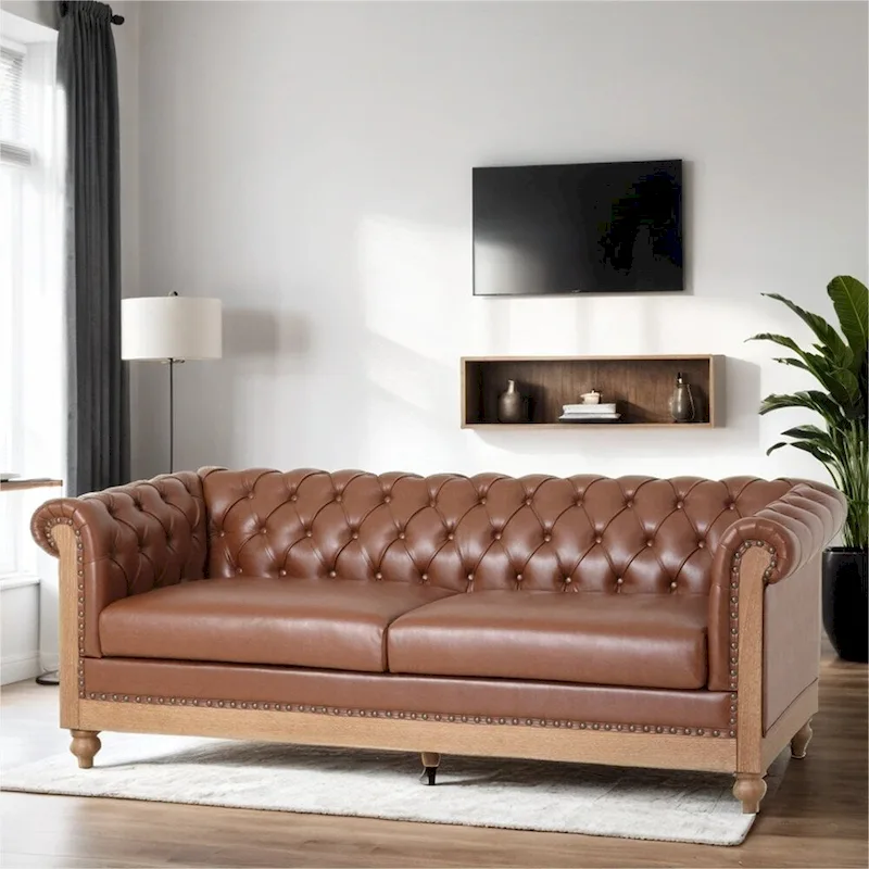 Dark Brown / Light Brown / Black 3-Seat Retro Sofa, PU Leather, Seats 3