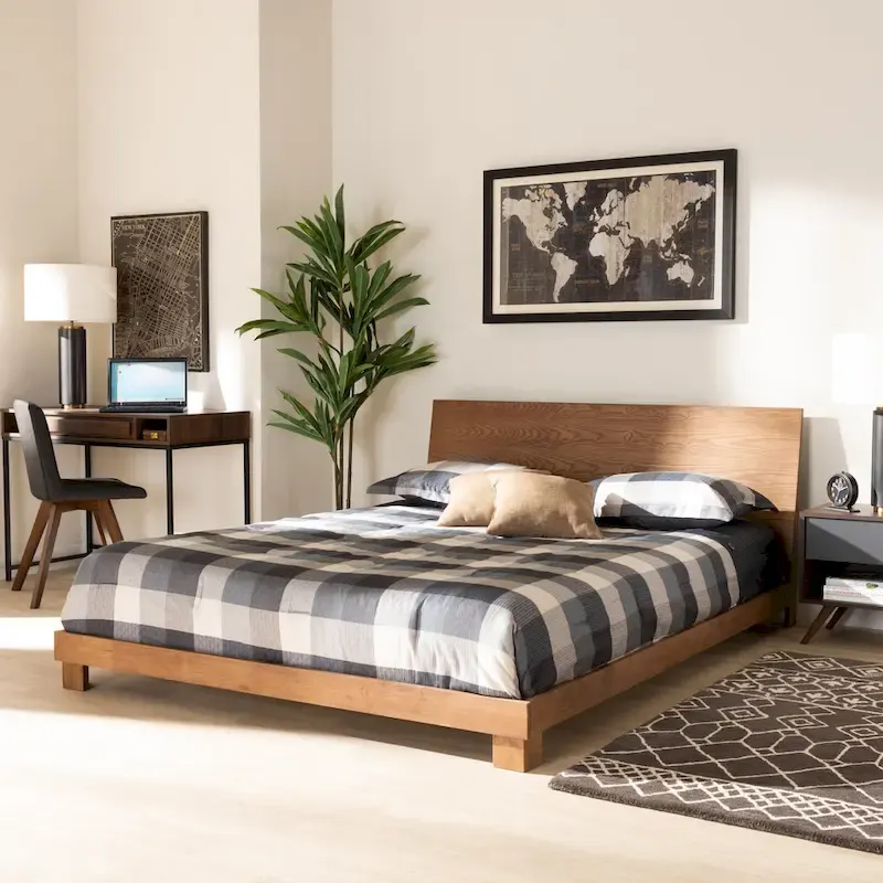 Modern and Contemporary Walnut Brown Finished Wood Platform Bed