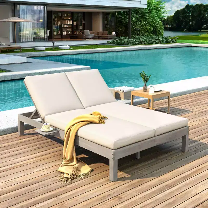 Outdoor Double Chaise Lounge with Adjustable Backrest, Patio Lounge Chair for 2 with Cushions for Poolside, Garden, or Deck-Panipeachy