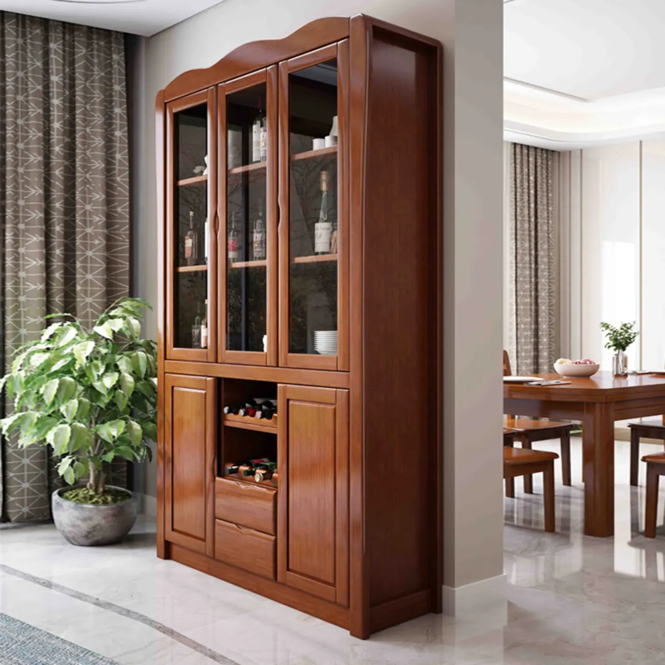 Classic Freestanding Natural Wooden Wine Cabinet for Living Room