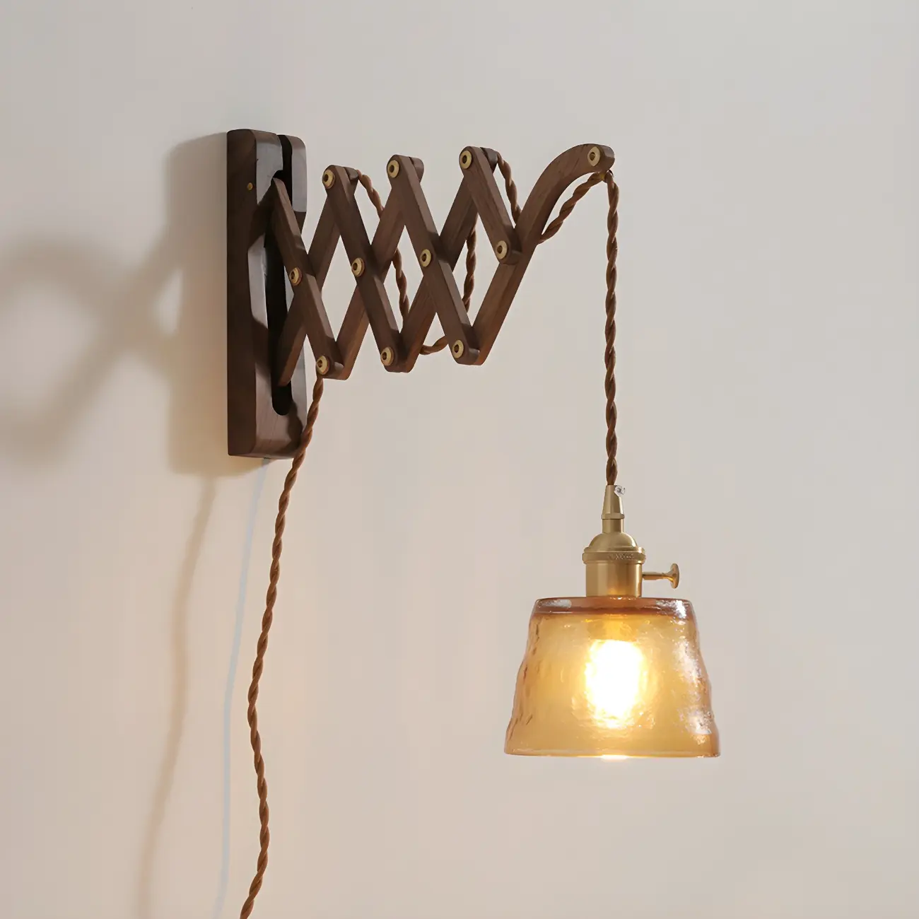 Vintage Brown Wood Retractable Swing Arm Wall Light