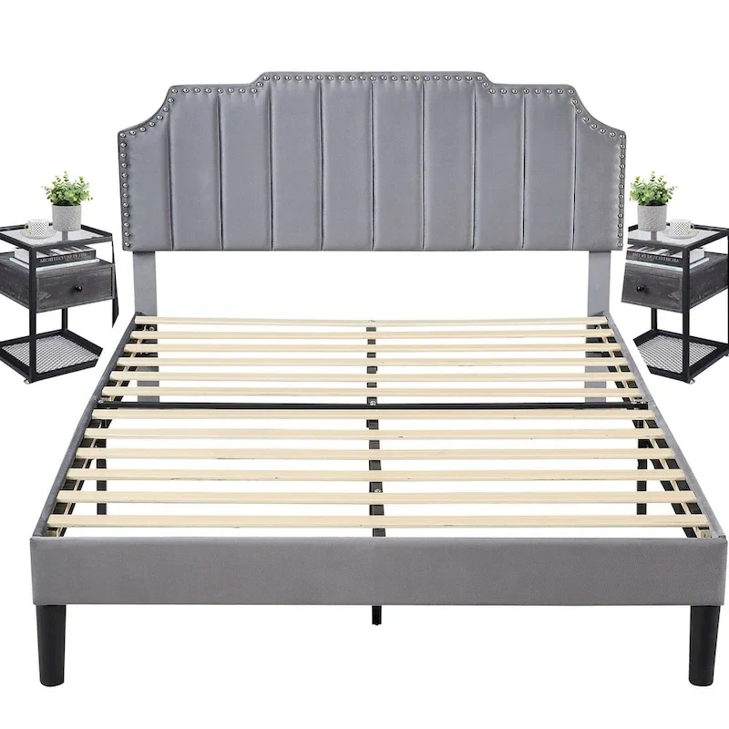 Bedroom Sets, 15 Style Options, 3-pieces Bedroom Set with Height Adjustable Upholstered Bed and Nightstands Set of 2-VECELO