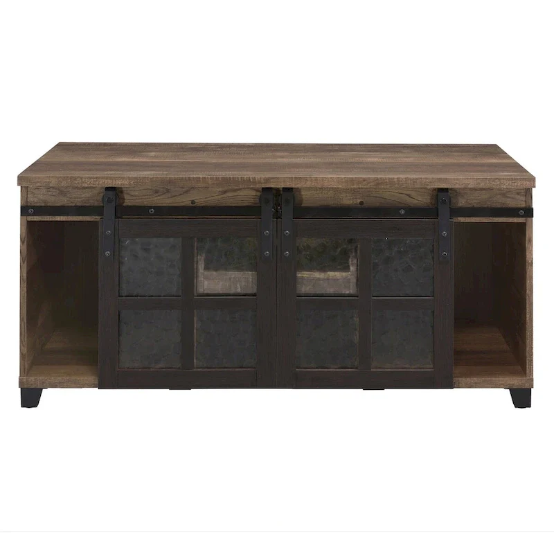 Rustic Oak Coffee Table - Antique Oak & Black - Sliding Barn Doors with Glass