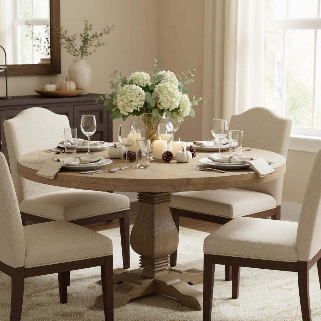 54 in. Round Dining Table, Natural Wood Finish – Brown, Seats 4–6