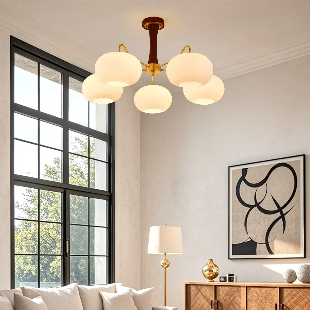 Classic Large Glass Drum Walnut Wood Semi Flush Ceiling Light