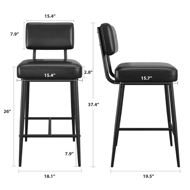 Counter Height Bar Stools Set of 2, Faux Leather Kitchen Counter Stools with Footrest & Metal Legs, Upholstered Bar Chairs for Kitchen Island