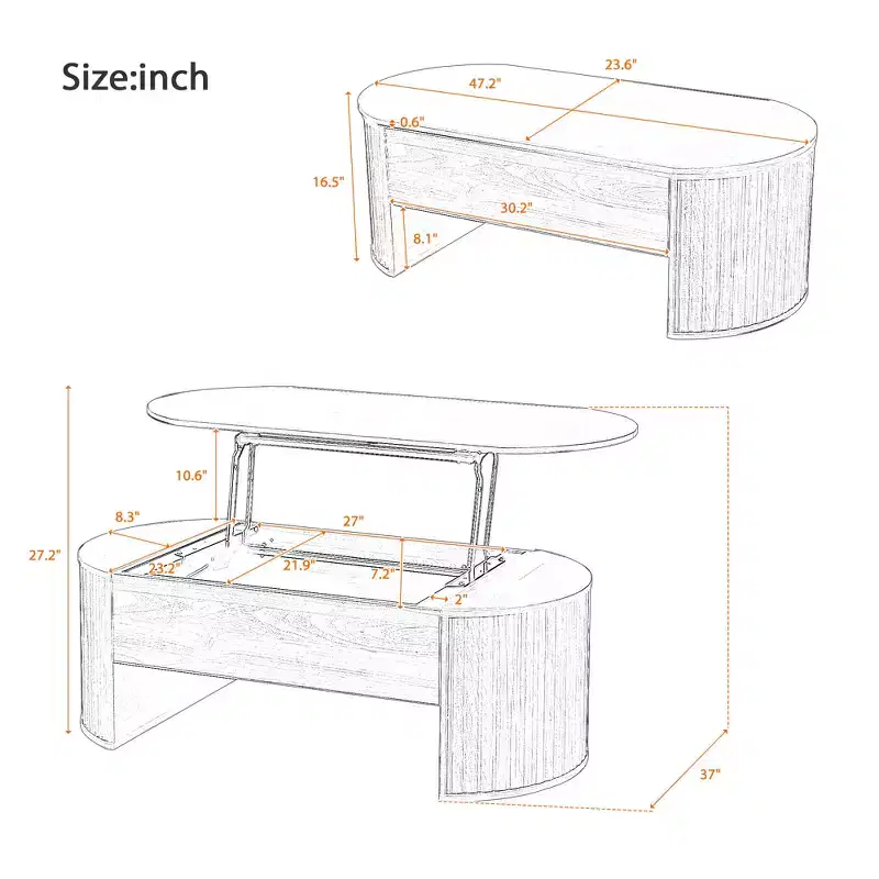 JVNOXK 47.2''Lift Top Coffee Table with Hidden Compartment, Partially Assembled Wooden Center Table, Oval Lift Tabletop for Home Living Room,Brown