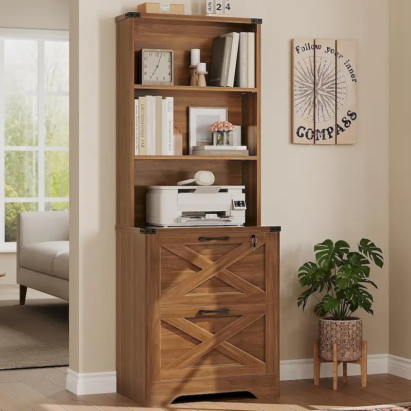 2-Drawer Locking File Cabinet with Adjustable Shelf & Anti-Tip Kit – Brown / White, Farmhouse Style