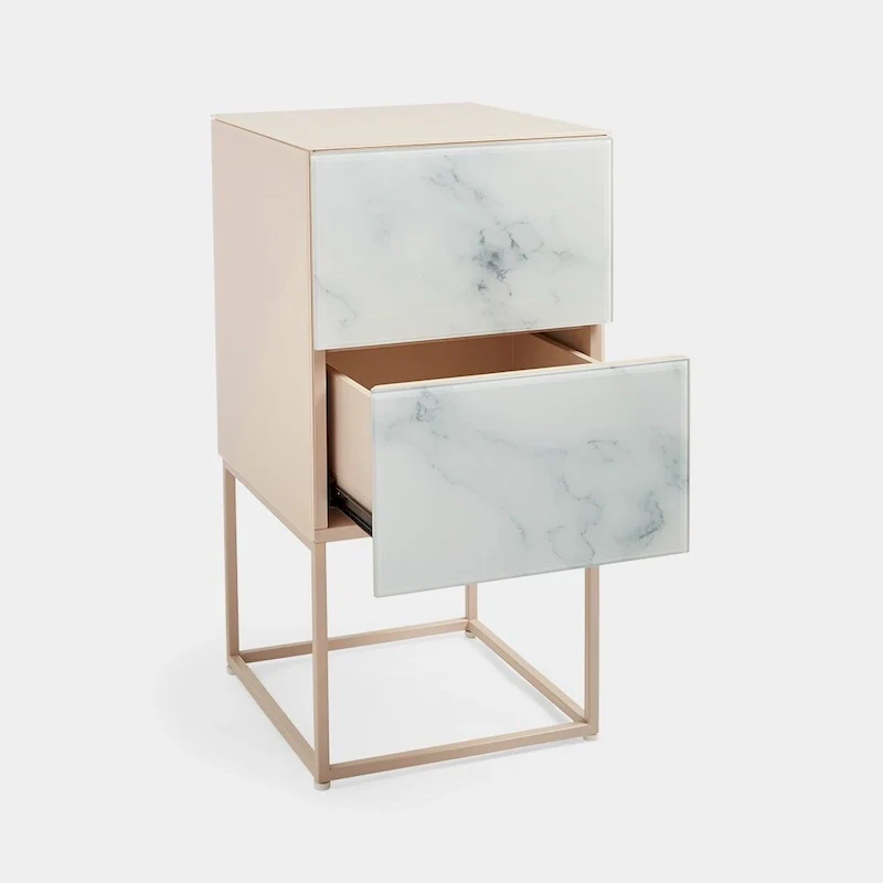 Marble Pattern Double Drawer Nightstand with Tempered Glass Top