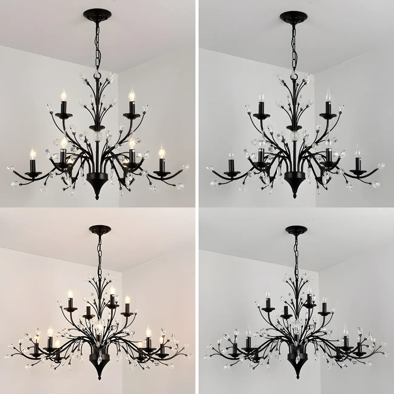 Modern Elegant Black Branch Crystal Candelabra Chandelier