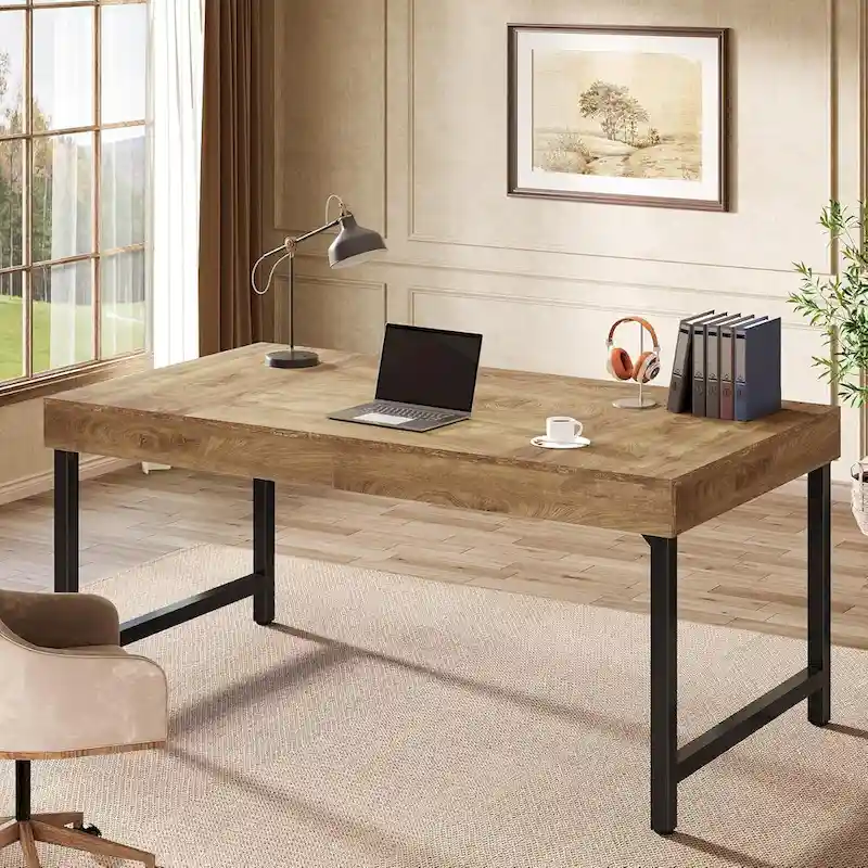 55 Inches Industrial Executive Desk, Rustic Simple Computer Laptop Desk with Strong Metal Legs