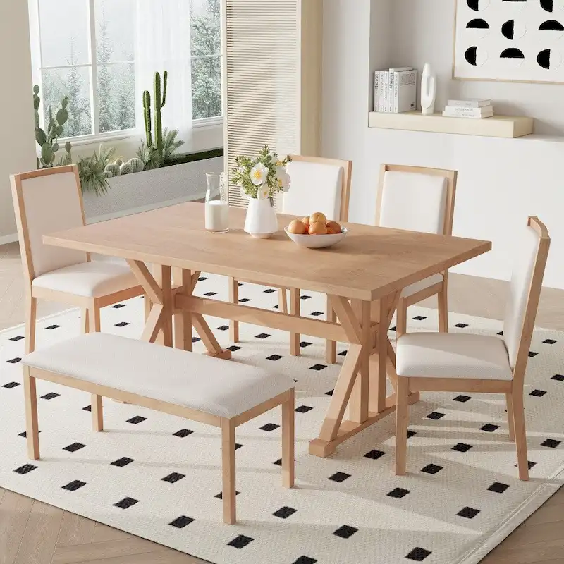 6-Piece Farmhouse Dining Table Set with 4 Upholstered Chairs and Bench
