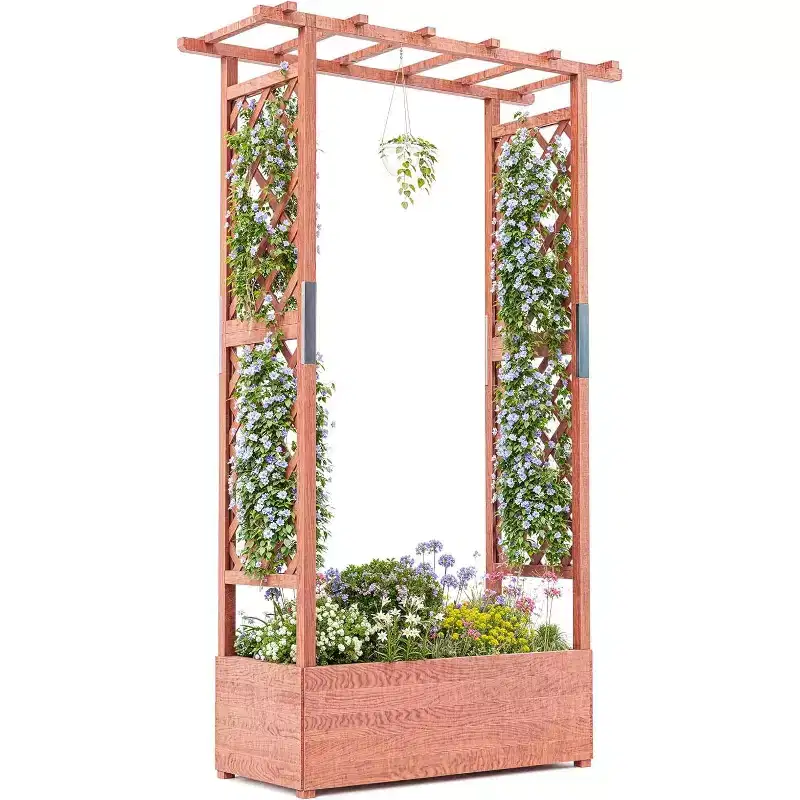 Wooden Elevated Garden Planter Box with Trellis,Sturdy Side Supports,Protective Canopy & 4 Drainage Holes for Climbing Plants,Vegetables