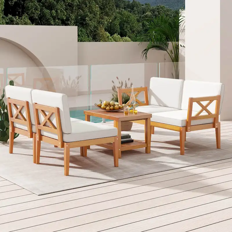 Costway 5 PCS Acacia Wood Patio Furniture Set with Cushions and 2-Tier - See Details