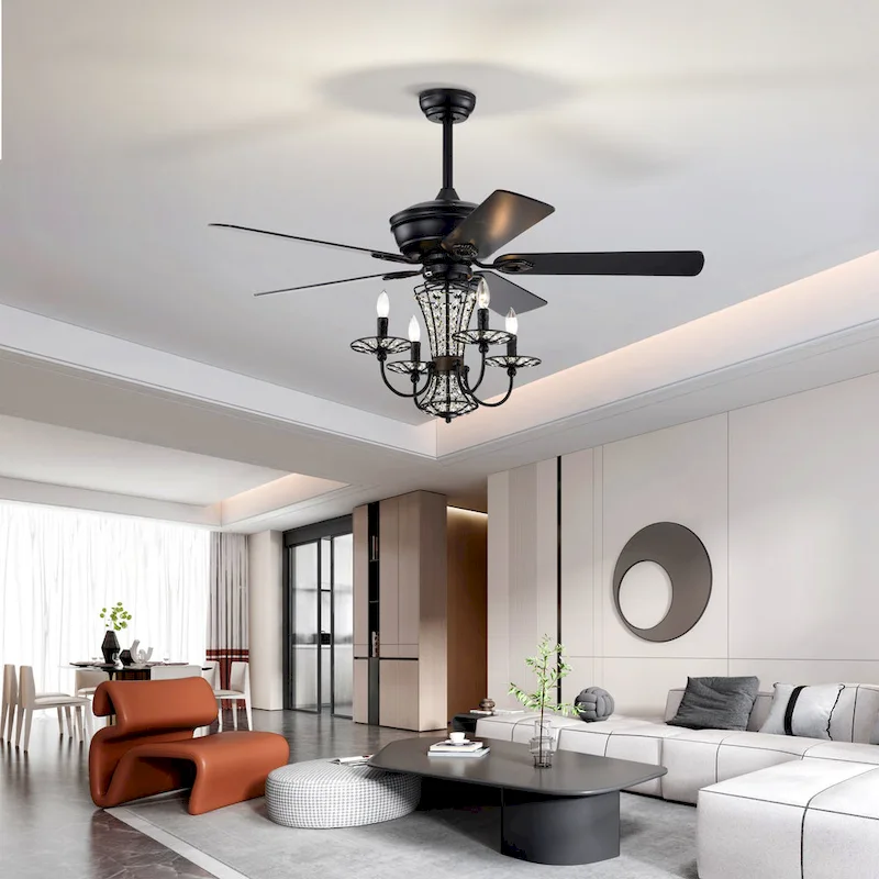 Cusp Barn 52in. Modern Industrial Crystal Ceiling Fan with Lights, Matte Black 3-Speed Reversible Ceiling Fan Light with Remote