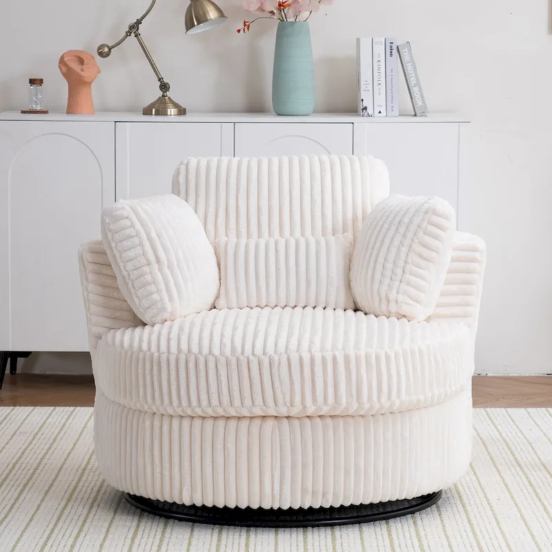 Oversized 360 Degreed Swivel Accent Chair Modern Soft Plush Corduroy Round Barrel Chair for Living Room Bedroom with Pillows
