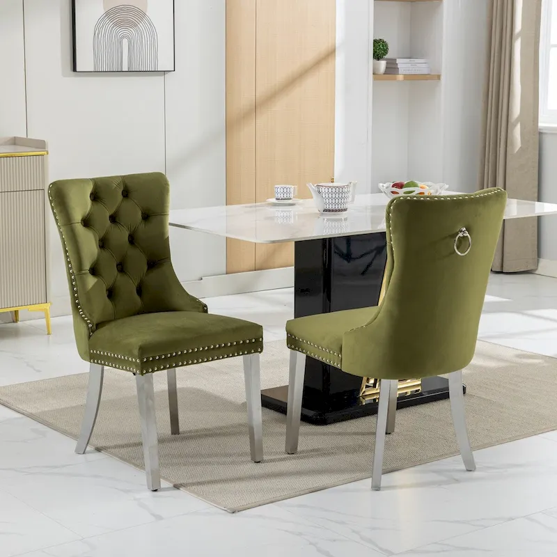 Set of 2 Velvet Dining Chairs with Nailhead Trim and Chrome-Plated Stainless Steel Legs