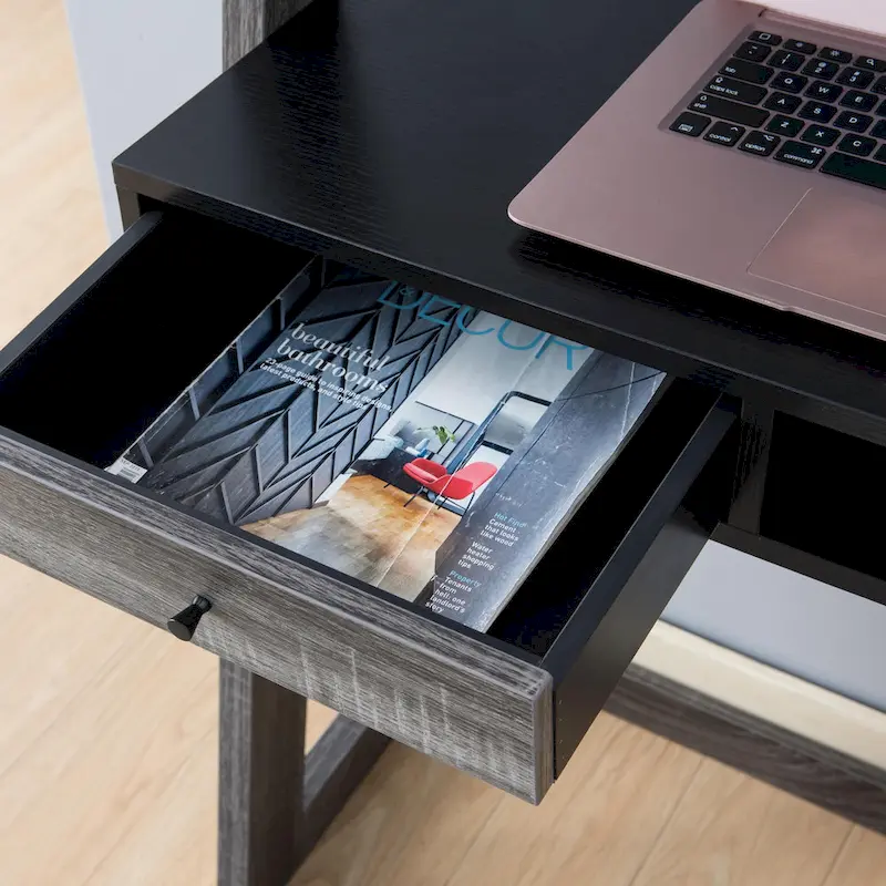 Two-Tone Wall Leaning Desk with Drawer and Shelves