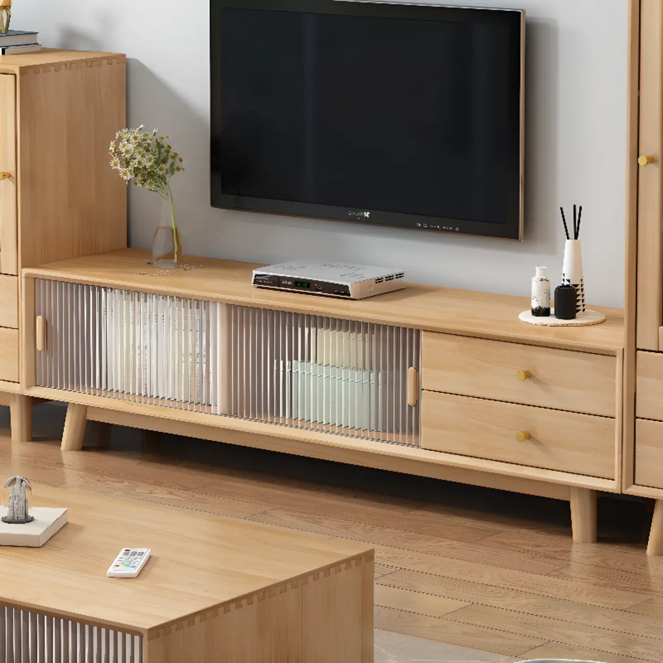 Durable Natural Wooden TV Stand with Cable Management