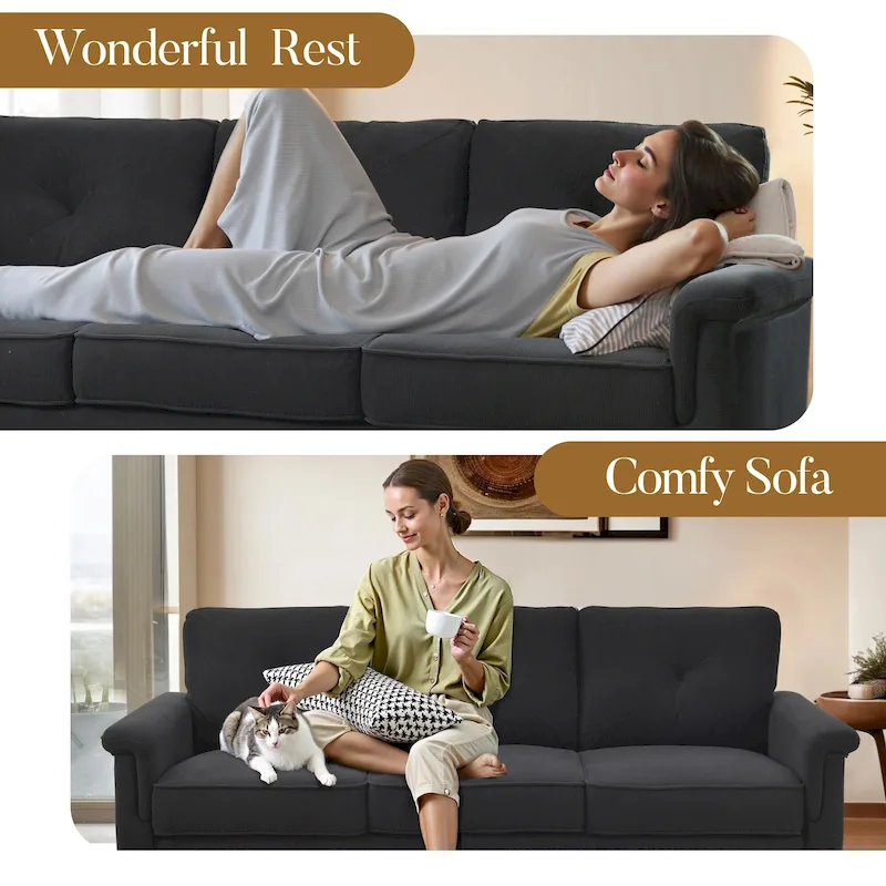 Mid-Century 3-Seat Upholstered Sofa with Wood Legs