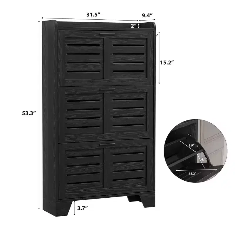 Shoe Cabinet, Freestanding Shoe Rack with Three Flip-Top Drawers and 2 Side Hooks, Modern Wooden Shoe Cabinet, Suitable for Foyer Shoe Storage