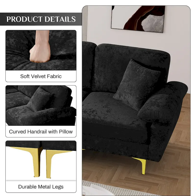 Upholstered Velvet Sectional Sofa with Pillows & Ottoman