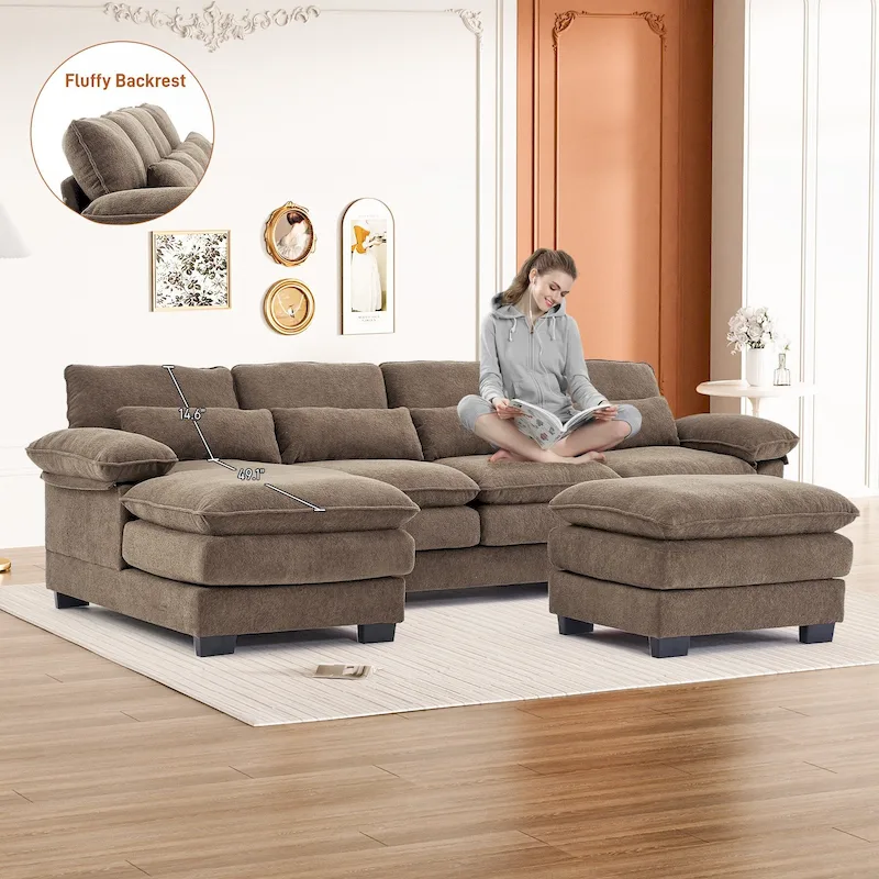 Soft Chenille Fabric U-Shaped Sectional Sofa with Double Layer Cushion