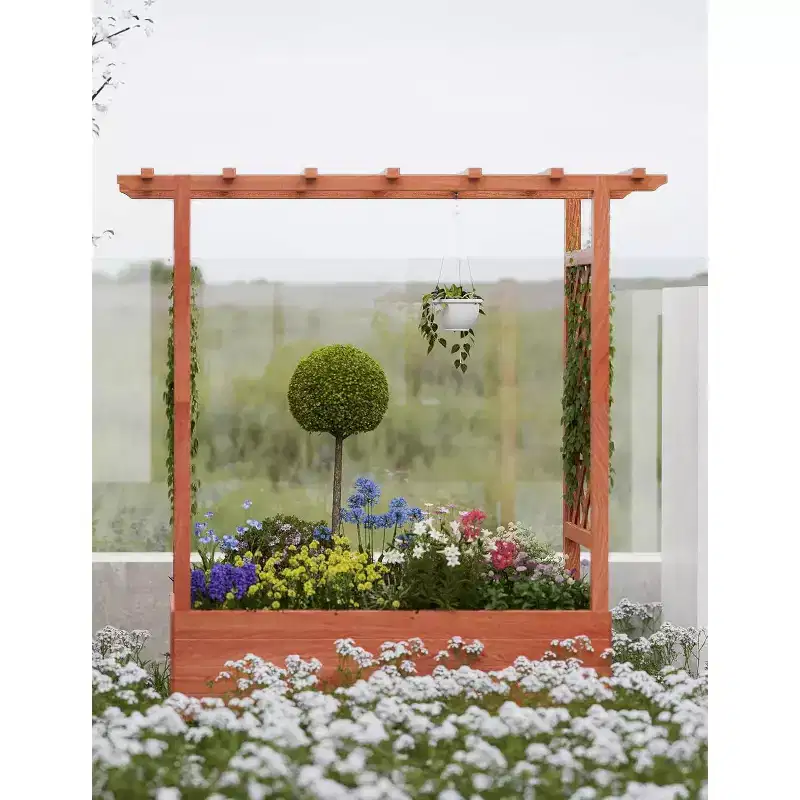 Raised Garden Bed With Trellis, Wood Planter Box With Side Trellis, Hanging Roof, and Drainage Holes, for Climbing Plants, Vines, Flowers