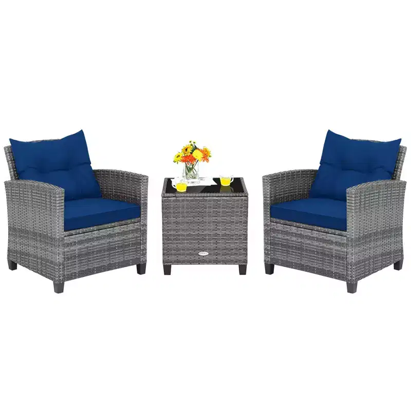 Costway 3PCS Patio Rattan Furniture Bistro Set Cushioned Sofas Side Table Armrest Red/Grey/Navy/Turquoise/Black