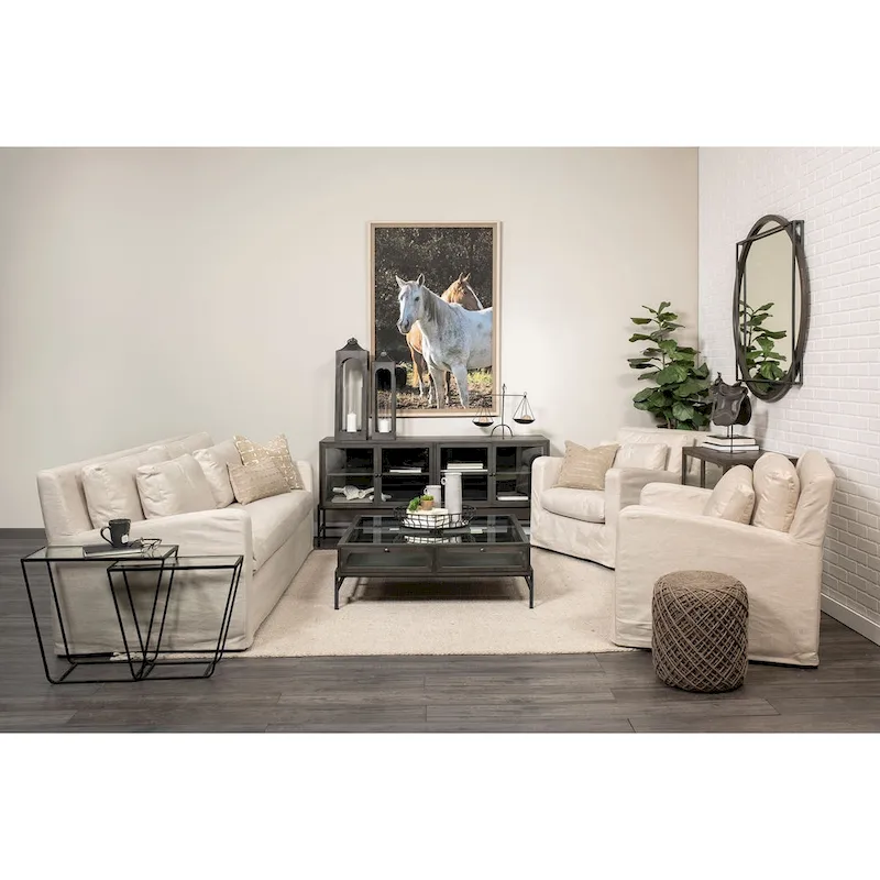 Denly Beige Fabric Slipcover w/ Double Stacked Back Cushions Sofa - 92.5W x 38.2D x 34.5H