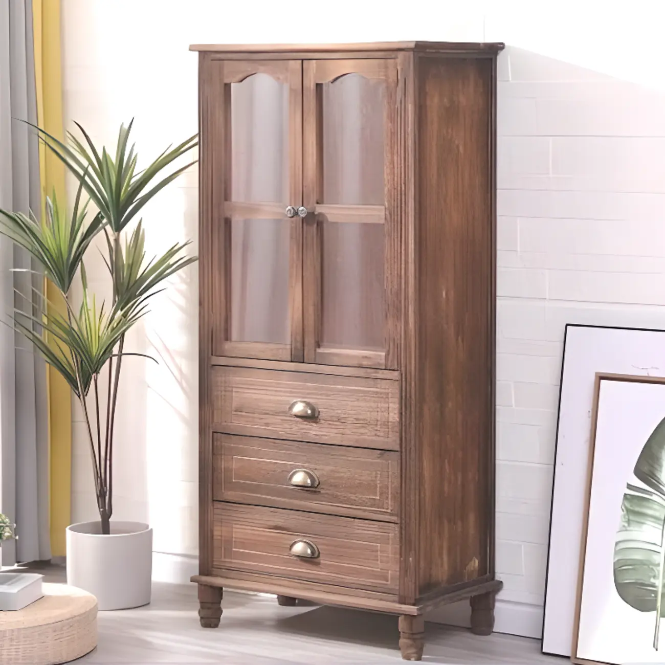 Freestanding Solid Wood White Cabinet with Drawers