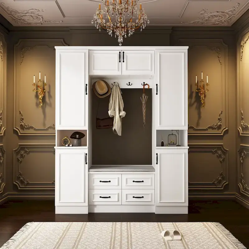 Modern 6-Door Armoire with Cushioned Bench and Drawers