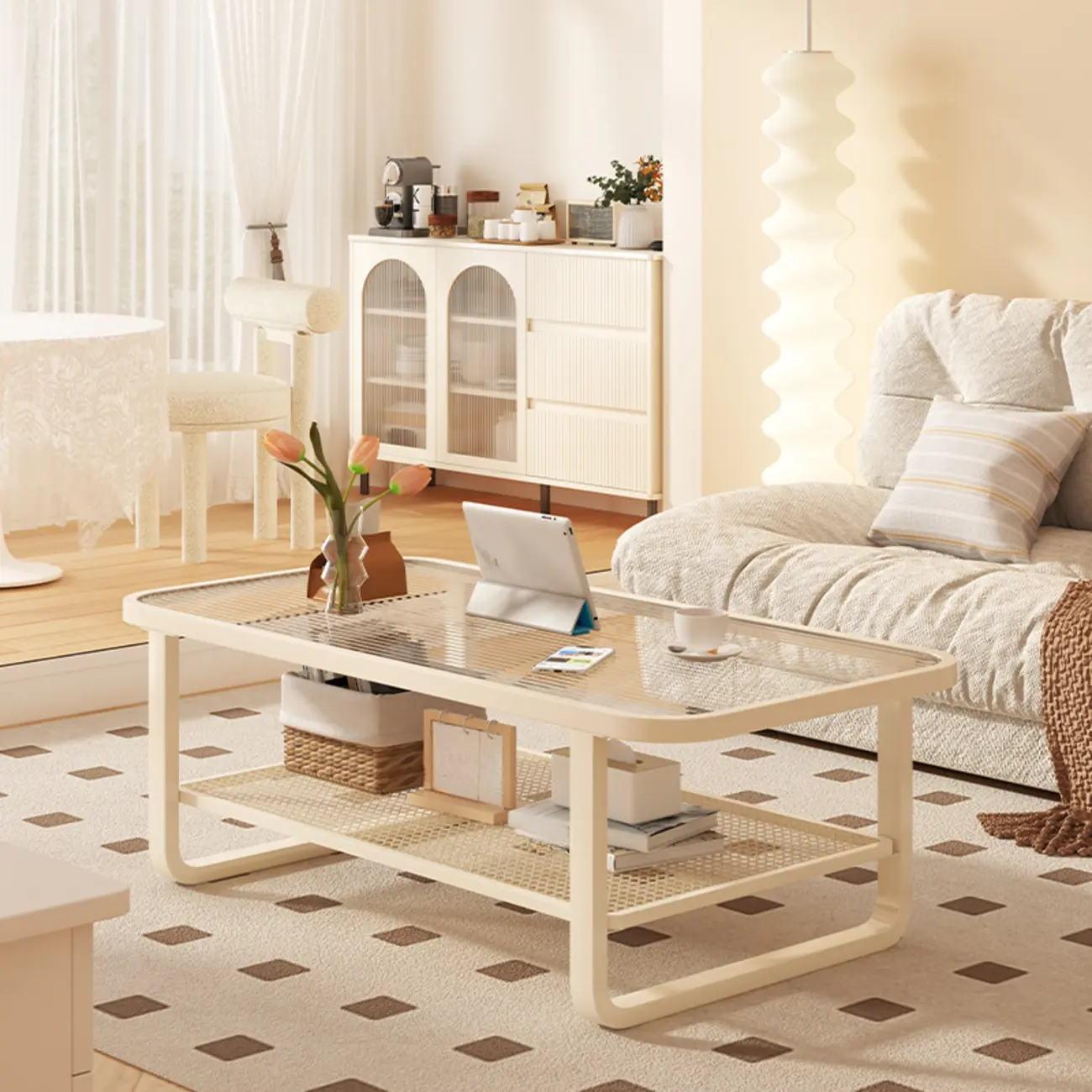 Modern White Rectangle Glass Coffee Table with Shelf