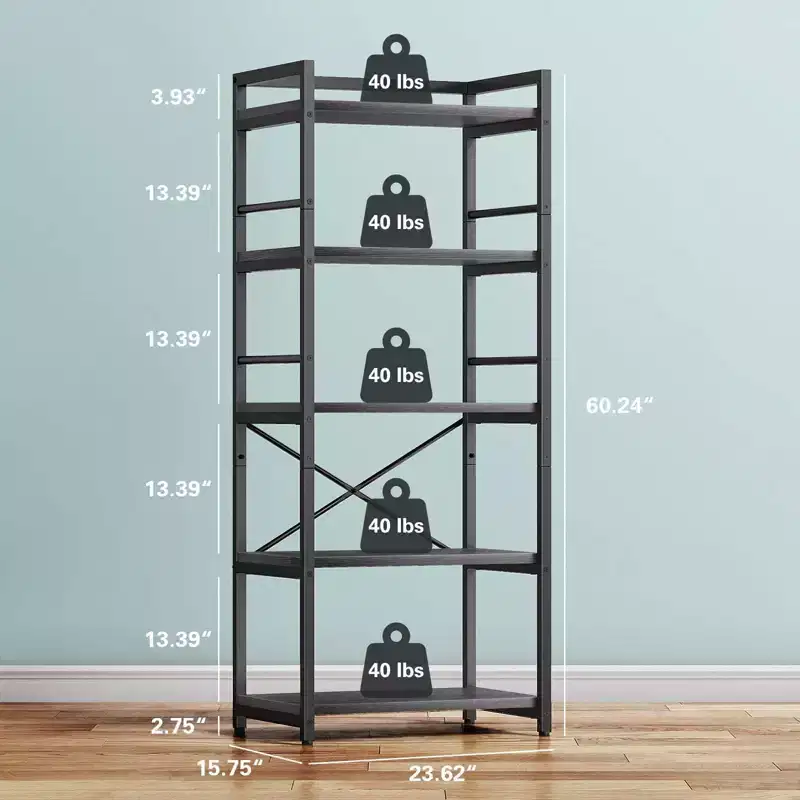 Denkee 5-Tier Baker Rack, Industrial Microwave Stand Shelf, Coffee Bar for Small Spaces, Free Standing Kitchen Shelf with Storage, Black/Brown/Gray