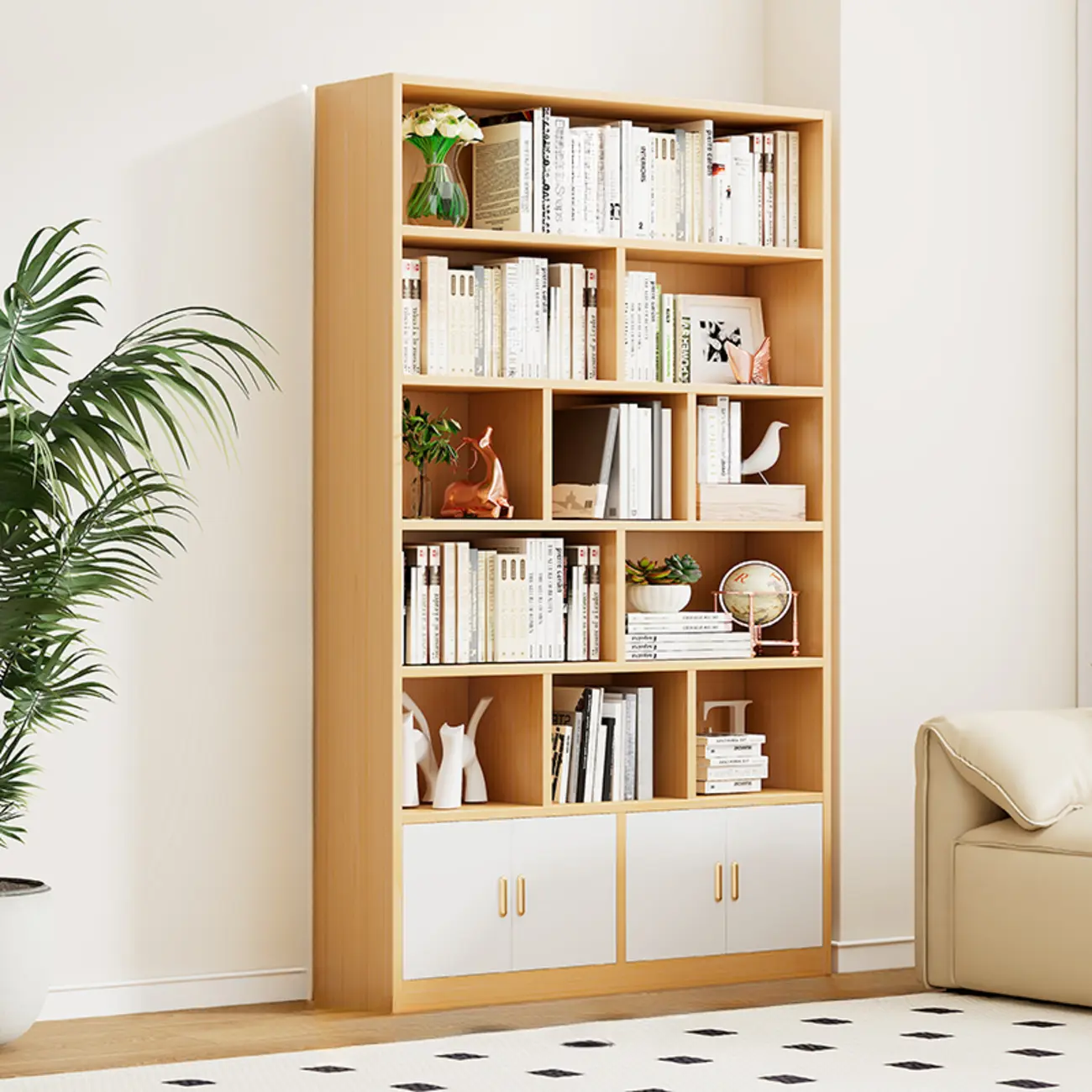 Natural Finish Narrow 6 Shelves Wooden Bookcase with Drawer