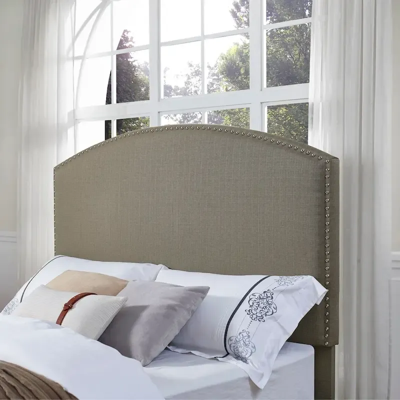Shale Curved Upholstered Queen Headboard with Nailhead Trim, 1-Person