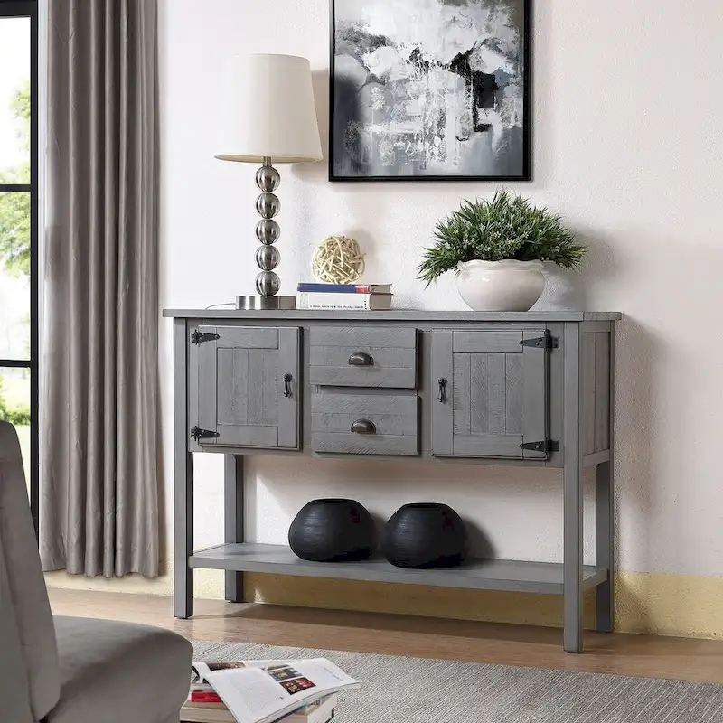 Console Table with 2 Drawers and Cabinets and Bottom Shelf, Retro Style Storage Dining Buffet Server Cabinet(Antique Gray)