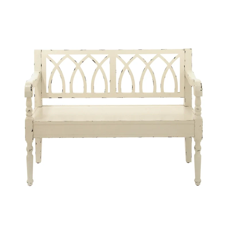 Wood Distressed Bench with Arched Design Back and Turned Legs - Black or White - Roche River Decor