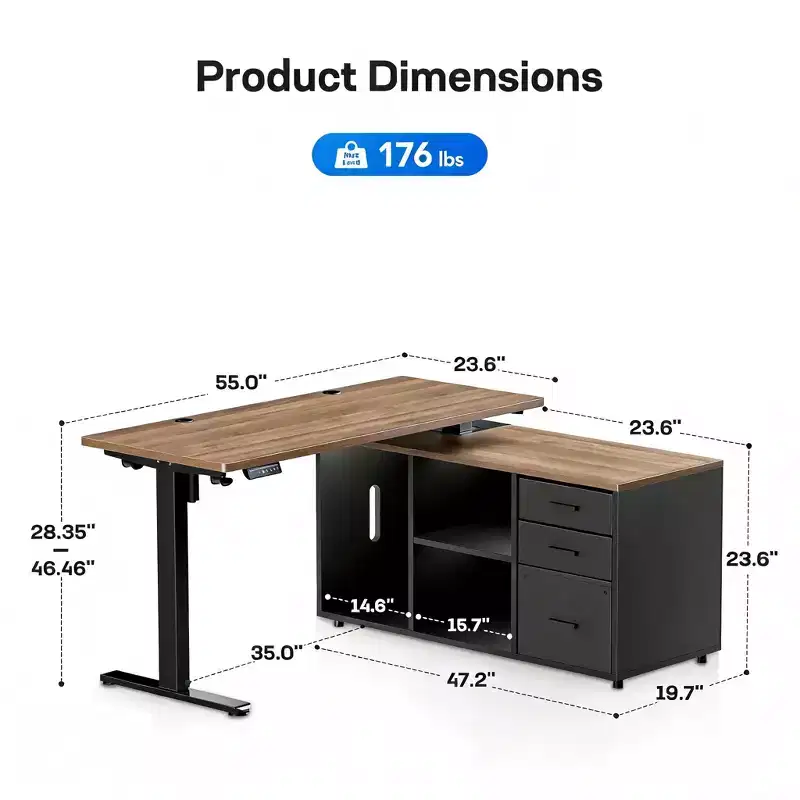 55 X 24 In Electric Height Adjustable Stand up Desk, L-Shaped Executive Standing Desk with File Cabinet, Home Office Modern Computer Desk