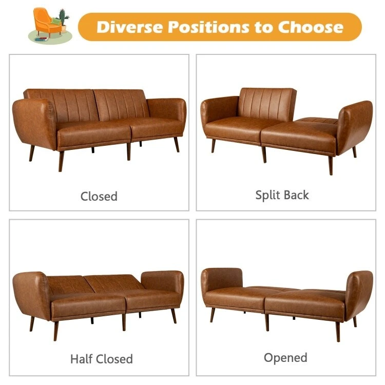 Convertible Futon Sofa Bed PU Leather Adjustable Couch Sleeper with Wood Legs - 81 x 33.5 x 31.5 (L x W x H)