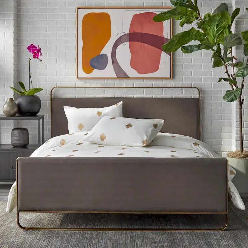 Grey / Green / Pink Upholstered Queen Platform Bed, Brass Legs, 1-Person