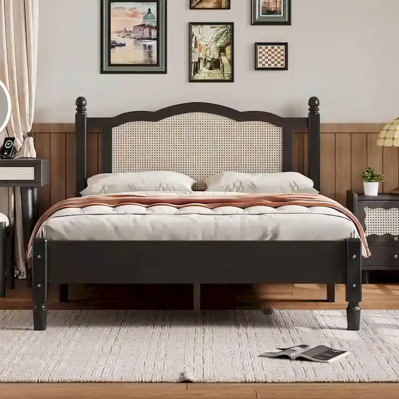 Black/Walnut Rattan Headboard Platform Bed, Full/Queen, 2-Person